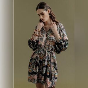 Molly Bracken whimsical bohemian floral mini dress with pockets & sash size L